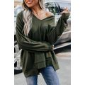 Green Expose Seam Detail Split Neck Long Sleeve...