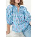 Sky Blue Floral Striped Print Shirred Yoke Spli...
