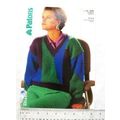 1987 Patons 3142 V-neck geometric sweater, chunky