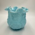 Vtg Fenton Blue Satin Glass Vase Ruffled Edge P...