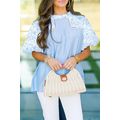 Beau Blue Lace Insert Floral Puff Sleeve Patchw...