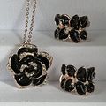 SET Necklace Earrings Black Rose with Rhineston...