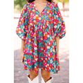 Sky Blue Floral Print Tie Split Neck Bubble Sle...