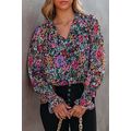 Multicolor Floral Print Ruffled Long Sleeve V-N...