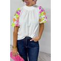 White Smocked Collar Sequin Flower Puff Sleeve ...