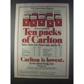 1980 Carlton Cigarettes Ad - Ten Packs Have Les...