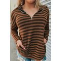 Brown Striped Knit Quarter Zip Hoodie