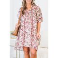 Pink Floral Split Neck Short Sleeve Loose Plus ...