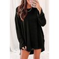 Black Waffle Knit High Slits Oversized Top