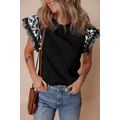 Black Ricrac Trim Printed Flutter Sleeve Contra...
