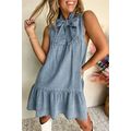 Real Teal Bowknot Neck Sleeveless Ruffled Chamb...
