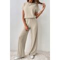 Oatmeal Ribbed Keyhole Short Sleeve Wide Leg Ju...