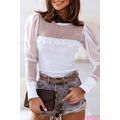 White Pearl Decor Mesh Patchwork Ribbed Long Sl...