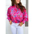 Purple Printed Bubble Sleeve Mock Neck Blouse