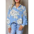 Sky Blue Floral Print Button Up Pleated Detail ...