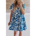 Blue Ricrac Trim Split Neck Floral Loose Dress