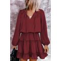 Wine V Neck Long Sleeve Ruffle Tiered Mini Dress