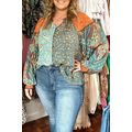 Green Floral Patchwork Lantern Sleeve Buttoned ...