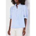 Sky Blue Stripe Ruffled Collar Puff Sleeve Half...
