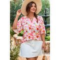 White Floral Split V Neck Wide Short Sleeve Plu...