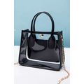 Black PVC PU Leather Patchwork Chain Strap Shou...