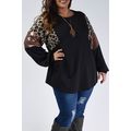 Black Leopard Sequin Patch Plus Size Long Sleev...