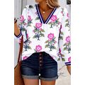 White Floral Print Striped V Neck Blouse