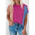 Rose Red Textured Colorblock Crew Neck T Shirt