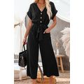 Black Dolman Button Belted V Neck Wide Leg Pock...