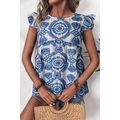 Blue Boho Print Flutter Sleeve Crew Neck Blouse