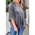 Medium Grey Leopard Splicing Lantern Sleeve Vel...