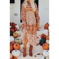 Khaki Floral Print Ruffled Tiered Long Sleeve V...