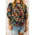 Black Tropical Print Bubble Sleeve Knot Front B...