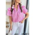 Pink Vintage Floral Ruffled Split Neck Short Sl...