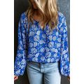 Blue Floral Notched V-Neck Long Sleeve Blouse