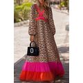 Brown Leopard Color Block V Neck Loose Fit Maxi...