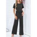 Dark Grey Ribbed Keyhole Short Sleeve Wide Leg ...