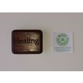 SMALL WOODEN MAHOGANY COLORED PILLBOX says HEAL...