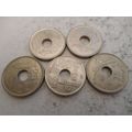 Spain - 5 differently dated - 25 pesetas coins