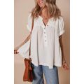 White Textured Short Sleeve Buttons Frayed Blouse