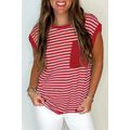 Red Stripe Chest Pocket Patch Round Neck Tank Top