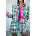 Green Plaid Long Sleeve Button Down Split Shirt