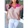 Pink Colorblock Ruffled Sleeve Frill V Neck Blouse