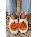 White Halloween Pumpkin Print Plush Slippers (R...