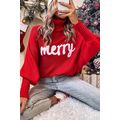Red Merry Letter Embroidered High Neck Sweater