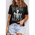 Black STAYING ALIVE Funny Skeleton Print Round ...