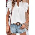 White Ruffle Accent Flutter Sleeve Notch Neck Top
