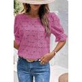 Bright Pink Flower Eyelet Jacquard Keyhole Flou...