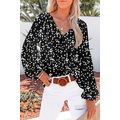 Black Floral Print V Neck Long Puff Sleeve Top