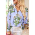 Sky Blue Floral Print Button Tie Neck Long Puff...